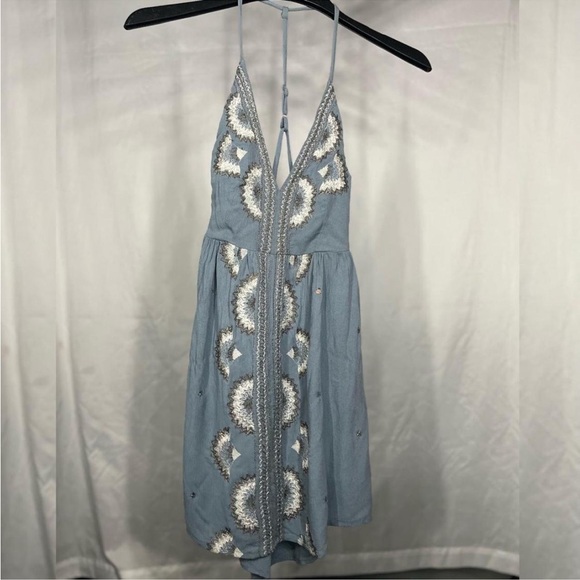 Free People Blue Halter Dress with White Embroidery S - Picture 5 of 7